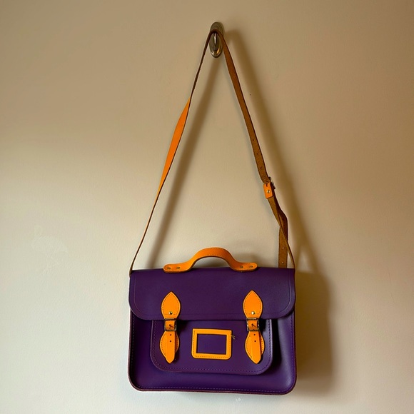 Authentic leather Camrbidge Satchel in purple and gold - Picture 1 of 6